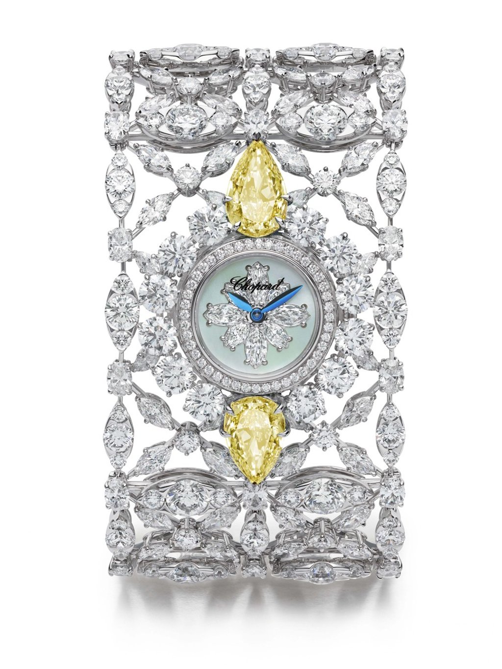Chopard diamond watch with two pear-shaped yellow diamonds totalling 8.47 cts Chopard diamond watch with two pear-shaped yellow diamonds totalling 8.47 cts