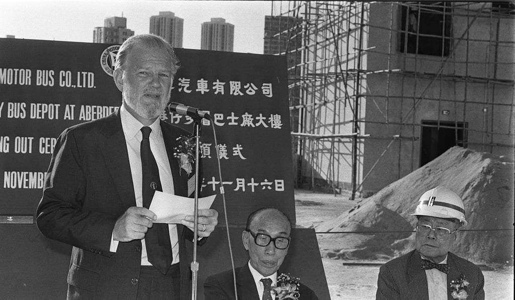 Then secretary for transport Alan Scott speaks at a new bus depot in Aberdeen in 1983. In March that year, Scott announced plans for a pilot scheme on electronic road pricing to fix chaotic traffic problems, but opposition to the idea saw it frozen in December 1985. Photo: SCMP