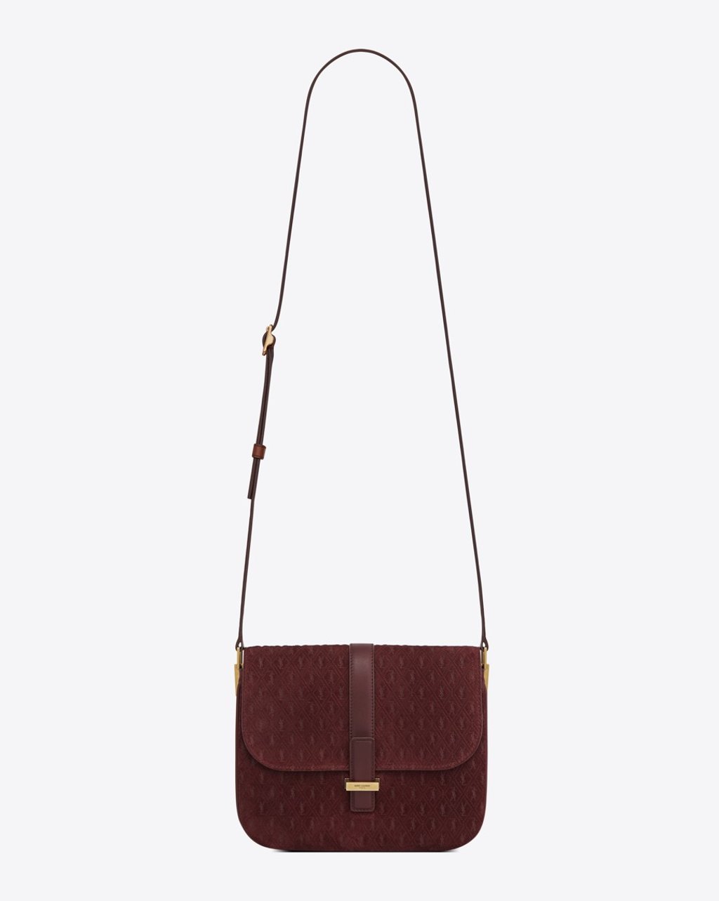 Saint Laurent Monogram All Over besace in wine red suede