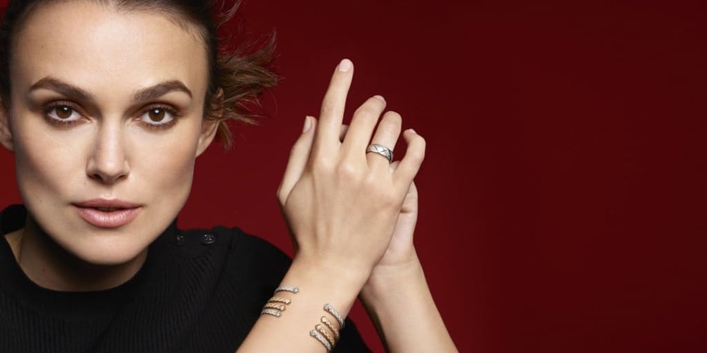 Actress Keira Knightley wears a selection of quilted motif bangles in 18-carat yellow gold, beige gold, white gold and diamonds, and beige gold and diamonds, and the ‘Coco Crush’ ring in 18-carat white gold. Actress Keira Knightley wears a selection of quilted motif bangles in 18-carat yellow gold, beige gold, white gold and diamonds, and beige gold and diamonds, and the ‘Coco Crush’ ring in 18-carat white gold.