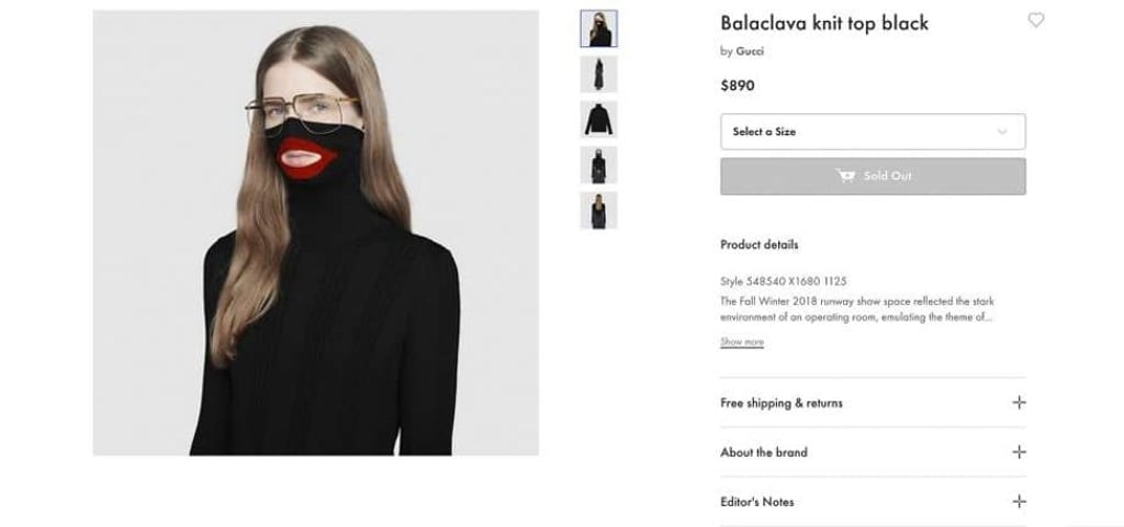 A screenshot taken from an online fashion outlet showing a Gucci turtleneck black wool balaclava sweater, now pulled from its stores. Photo: AP A screenshot taken from an online fashion outlet showing a Gucci turtleneck black wool balaclava sweater, now pulled from its stores. Photo: AP