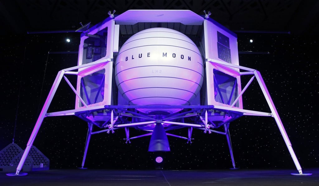 A model of the Blue Moon lunar lander sits onstage following an event featuring founder Jeff Bezos on Thursday. Photo: AP