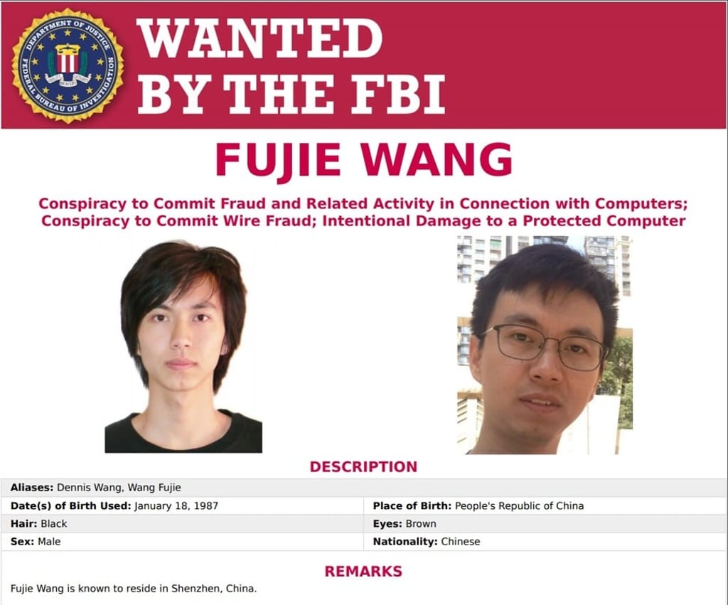 The US Justice Department says Wang and his accomplice hacked into four companies and stole the personal details of 78 million people. Photo: FBI The US Justice Department says Wang and his accomplice hacked into four companies and stole the personal details of 78 million people. Photo: FBI
