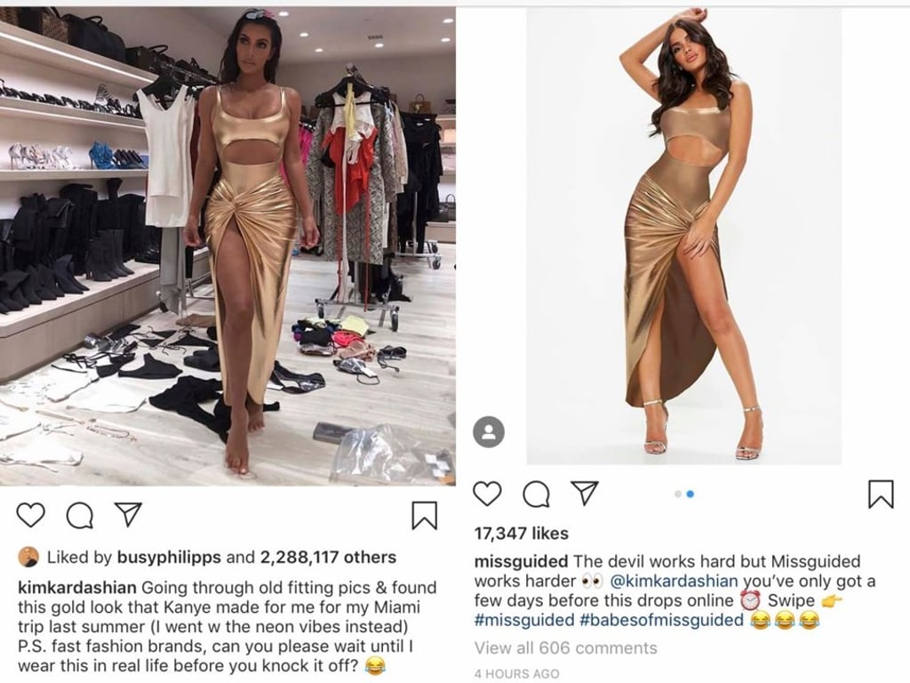 Kim Kardashian West's photo (left) was posted to Instagram just a few hours before Missguided's (now deleted) knock-off.