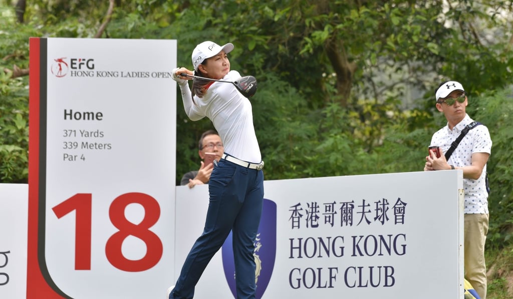 Du Mohan tees off at the 18th hole on the Old Course, on her way to a birdie. Du Mohan tees off at the 18th hole on the Old Course, on her way to a birdie.
