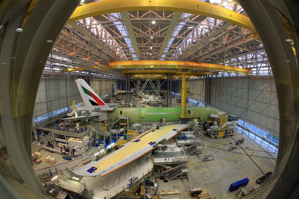 An Airbus assembly line for the A380 aircraft at Toulouse-Blagnac on 30 November 2006. Photo: Agence France-Presse