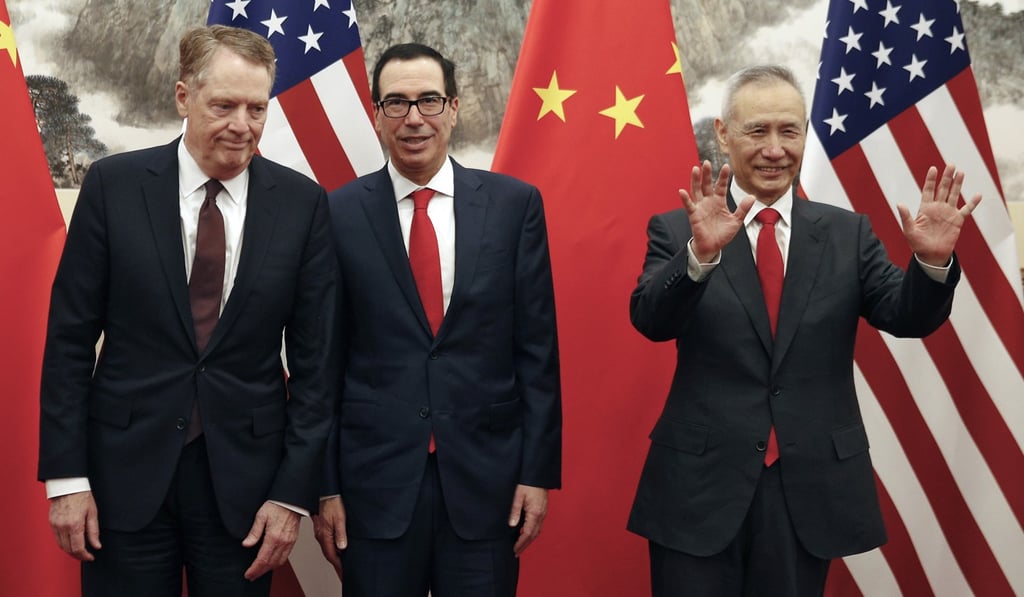 Chinese Vice-Premier Liu He (right) gestures as US Treasury Secretary Steven Mnuchin (centre) and US Trade Representative Robert Lighthizer look on before they proceed to their meeting at the Diaoyutai State Guesthouse in Beijing on May 1. Photo: AP
