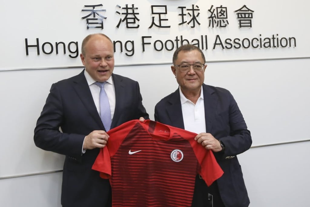 Brian Leung, pictured with new Hong Kong coach Mixu Paatelainen, is on his way out of the HKFA. Photo: Roy Issa