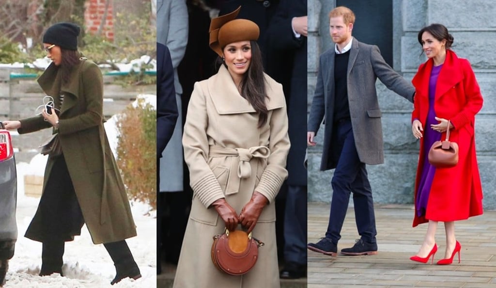 Duchess of Sussex, Meghan Markle, photographed in her SENTALER Wide Collar Wrap Coat in Forest Green, Camel and Red