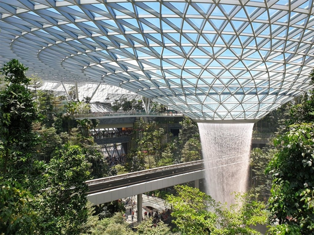The HSBC Rain Vortex’s 40-metre-high waterfall uses collected rainwater to water the plants that surrounds it. Photo: Natasha Pack