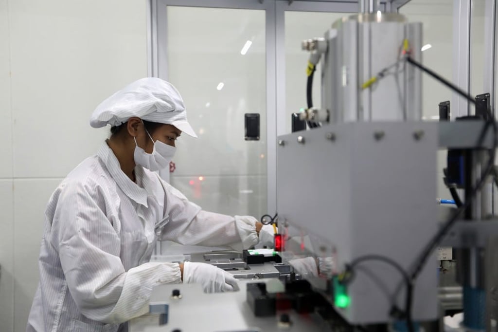 Tab Welding is part of the GRST battery production line at Ebatte's GRST factory in Foshan, Guangdong, China. Photo: Xiaomei Chen