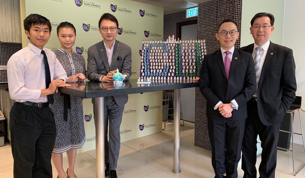 Wong Tsz-him, year three medical student, Shaz Cheng Sheung-wun, year four medical student and dean of CUHK’s Faculty of Medicine Francis Chan Ka-leung, along with assistant deans Vincent Mok Chung-tong and Simon Ng Siu-man at a press conference on Thursday. Photo: Rachel Leung