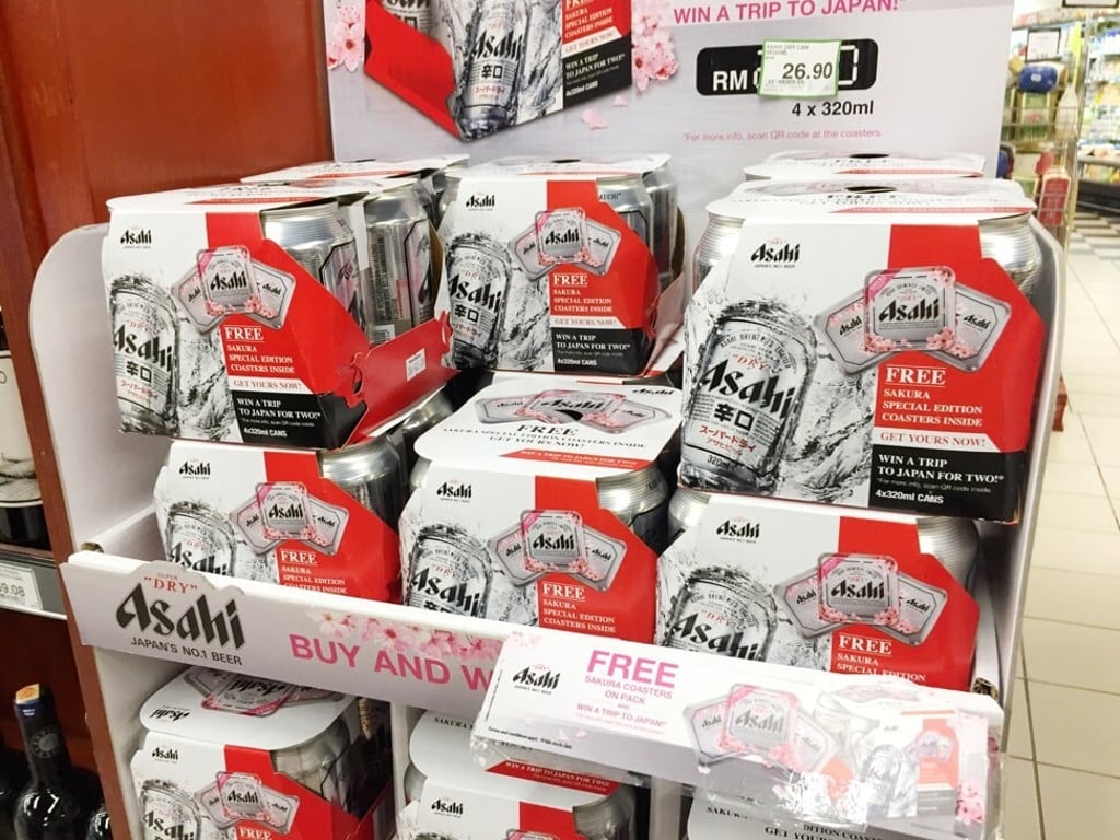 Asahi's iconic silver cans on sale at a Malaysia supermarket. Photo: Shutterstock