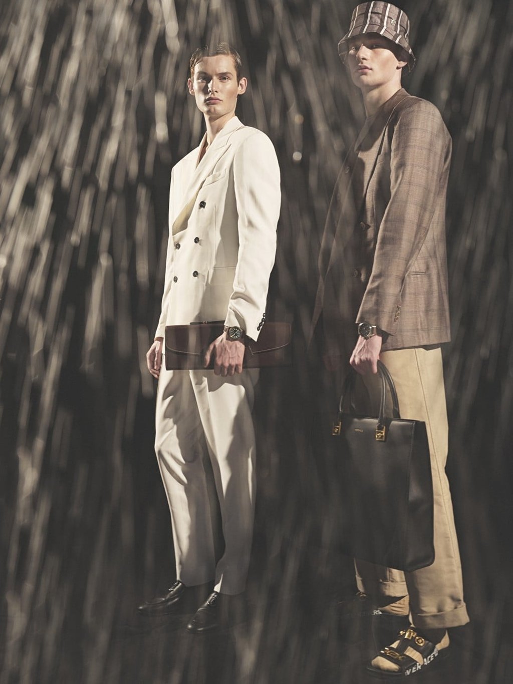 On Turr (left): IWC Pilot’s Watch Automatic Spitfire, HK$40,500; Dior Homme jacquard top, price on request; Ermanno Scervino jacket and trousers, prices on request; Giuseppe Zanotti, loafers, HK$7,300; Marinella bag, price on request; On Boaz: IWC Pilot’s Watch Chronograph Spitfire, HK$46,300; Giorgio Armani jacket, HK$24,500; jumper, HK$15,000; waistcoat, HK$12,000; trousers, HK$9,900; Versace bag, $25,500; slippers, HK$6,800; Calzedonia socks, price on request On Turr (left): IWC Pilot’s Watch Automatic Spitfire, HK$40,500; Dior Homme jacquard top, price on request; Ermanno Scervino jacket and trousers, prices on request; Giuseppe Zanotti, loafers, HK$7,300; Marinella bag, price on request; On Boaz: IWC Pilot’s Watch Chronograph Spitfire, HK$46,300; Giorgio Armani jacket, HK$24,500; jumper, HK$15,000; waistcoat, HK$12,000; trousers, HK$9,900; Versace bag, $25,500; slippers, HK$6,800; Calzedonia socks, price on request