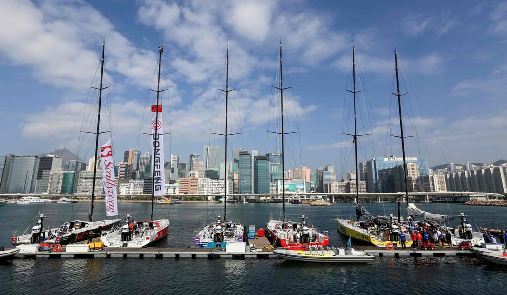 Volvo Ocean Race team yachts are seen docked at the race village at Kai Tak Runway Park in Hong Kong. Photo: AFP