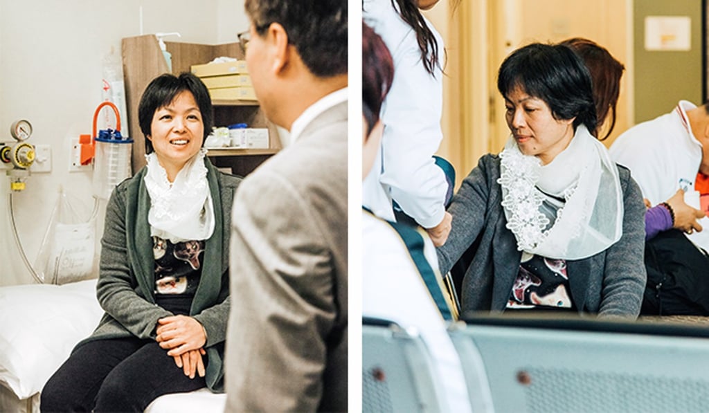 Social worker Ellie Fu (above left with Huang Yiyan) referred the patient to Hong Kong Adventist Hospital Foundation, and Dr Au Siu-kie (right with Huang), a clinical oncologist at Hong Kong Adventist Hospital – Stubbs Road, picked up her case. Photo: Akif Hakan Celebi
