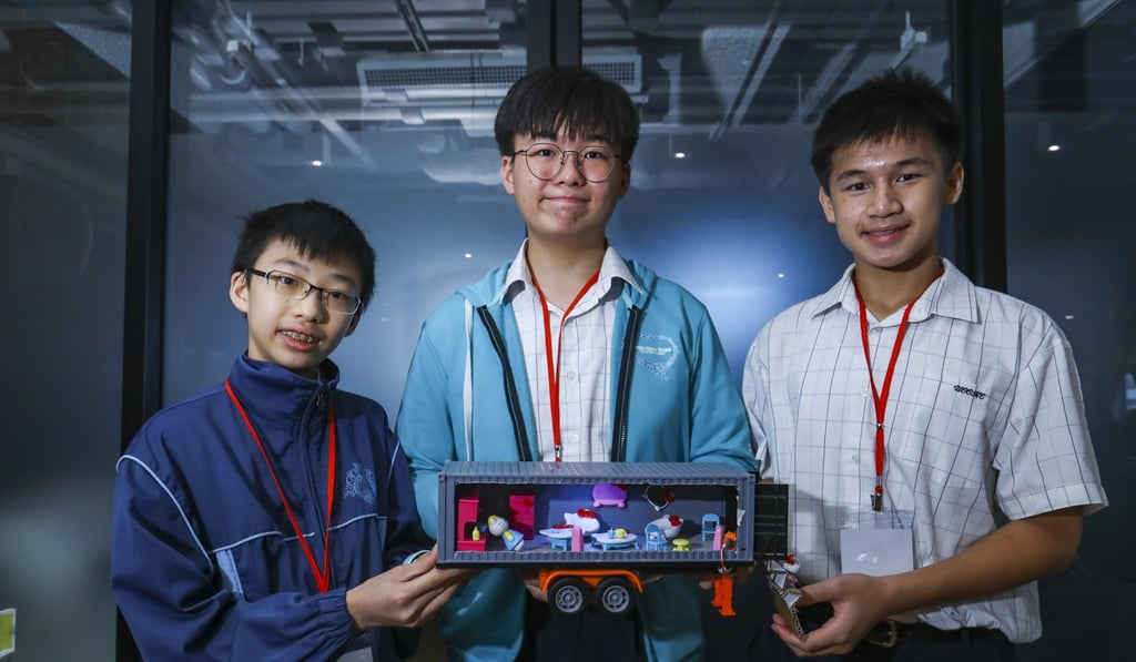 Left to right: Poon Tsz-yui,Tommy Wong and Bobby Lo of United Christian College (Kowloon East) and their project ‘The Movin’ Alley’. Photo: Edmond So