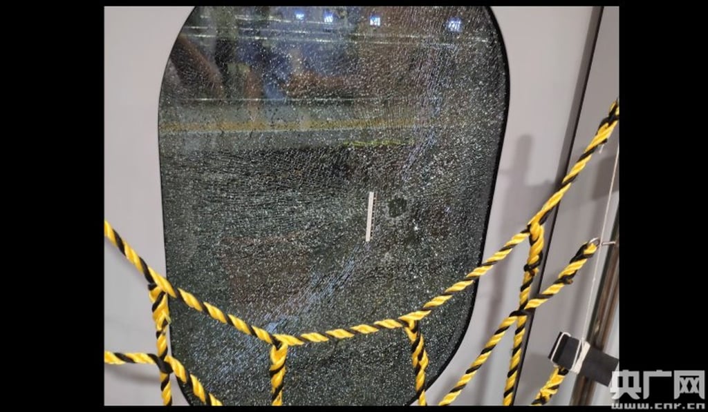 A Chinese train passenger attacked the door glass of a high-speed train as it was stranded in Jinan. Photo: CNR