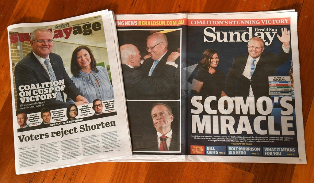 How Sunday newspapers in Melbourne reported the election result. Photo: AFP