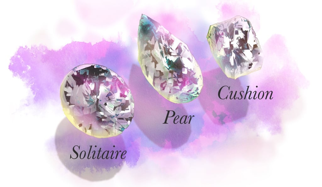 The solitaire diamond is an all-time classic and the pear shape, alternatively called the teardrop, is also sought after. The cushion cut, one of the first diamond cuts invented, is making a comeback because of its vintage feel. Illustration: SCMP