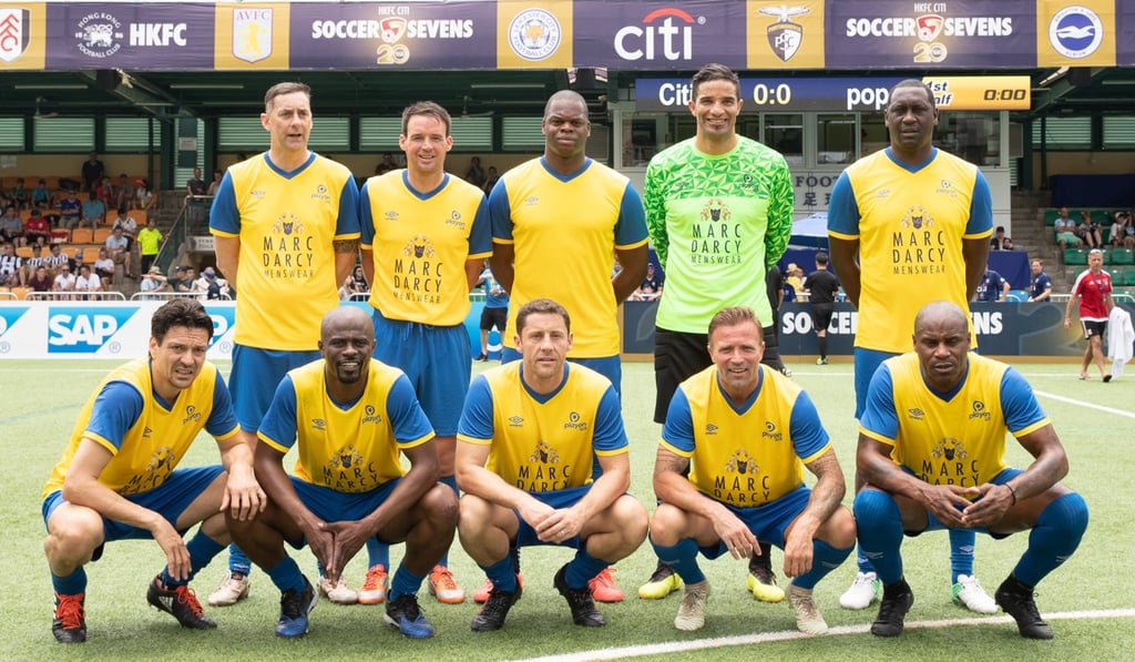 Emile Heskey (back row, right) and Michael Brown (front row, centre) line up for the Playon Pros at the HKFC Citi Soccer Sevens 2019. Photo: Handout Emile Heskey (back row, right) and Michael Brown (front row, centre) line up for the Playon Pros at the HKFC Citi Soccer Sevens 2019. Photo: Handout