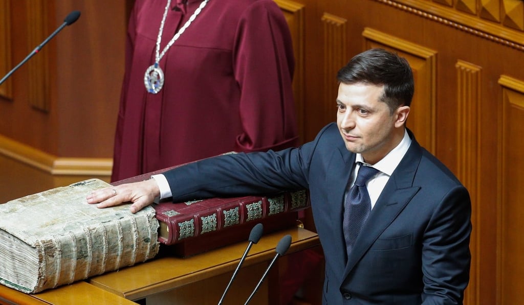 President-elect Volodymyr Zelensky during his inauguration in the Ukrainian parliament in Kiev. Photo: EPA-EFE President-elect Volodymyr Zelensky during his inauguration in the Ukrainian parliament in Kiev. Photo: EPA-EFE