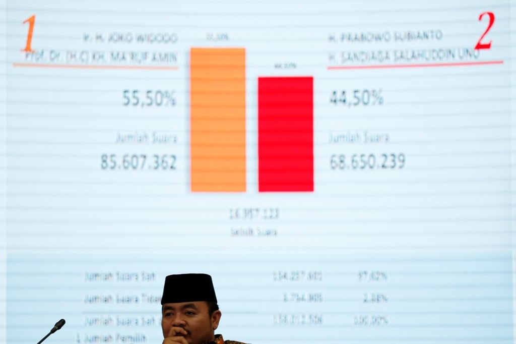 An official gestures near a screen that shows results of the presidential election on Tuesday. Photo: Reuters