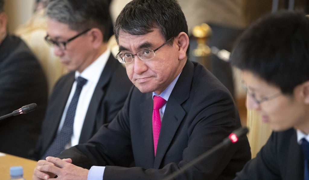 Japanese Foreign Minister Taro Kono (centre) during talks in Moscow on May 10. Photo: AP