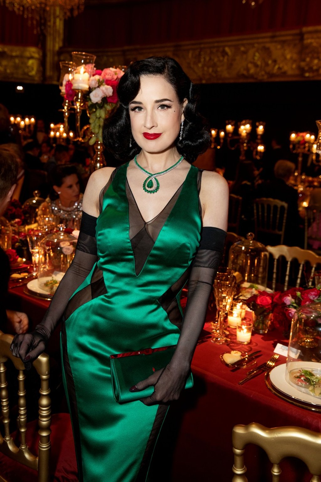 Dita von Teese wears a striking Chopard dress at Chopard’s Love Night dinner.