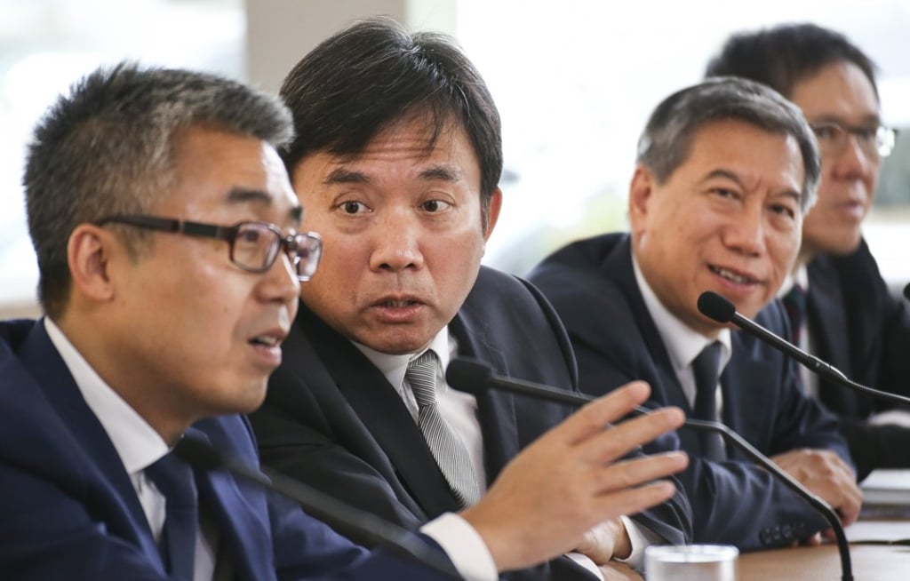 TVB’s board of directors (left to right): vice-chairman Li Ruigang; Chairman Charles Chan Kwok-keung; Executive Director and Chief Executive Officer Mark Lee Po-on; and Executive Director and General Manager Cheong Shin-keong on 29 June 2017. Photo: Felix Wong/SCMP