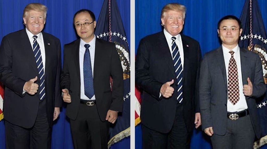 US President Donald Trump poses with tech start-up CEO Lucas Lu (left) and cryptocurrency giant Ryan Xu (right) at a December 2017 fundraiser. Photo: Handout