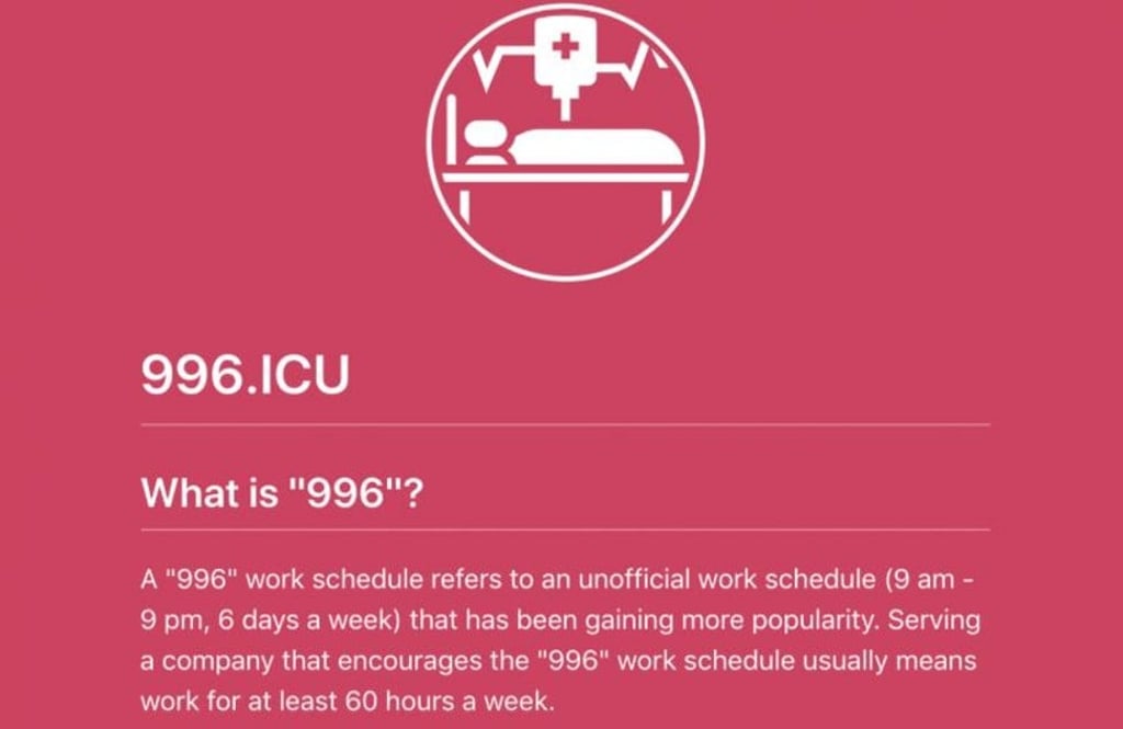 The ‘996’ work schedule means working from 9am to 9pm, six days a week. Photo: Abacus News