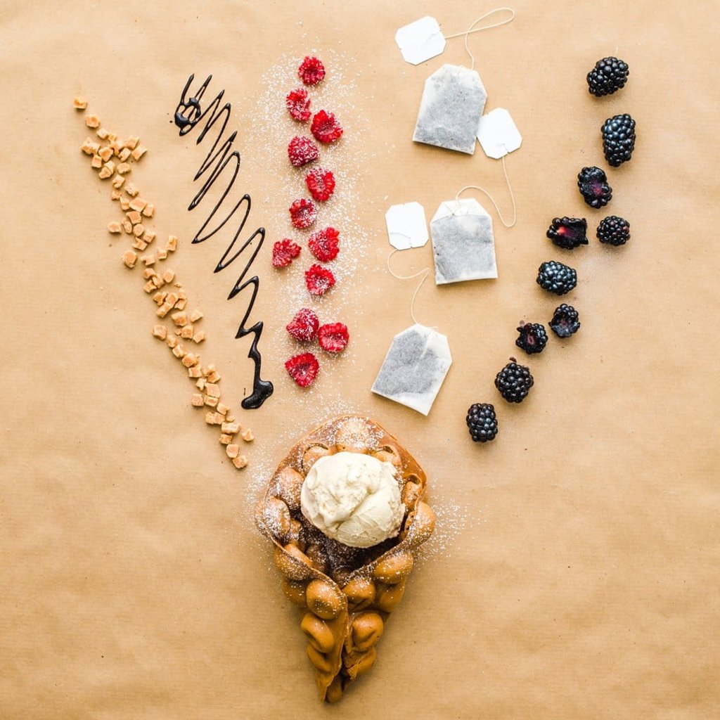 A Bubblewrap waffle with a variety of toppings.