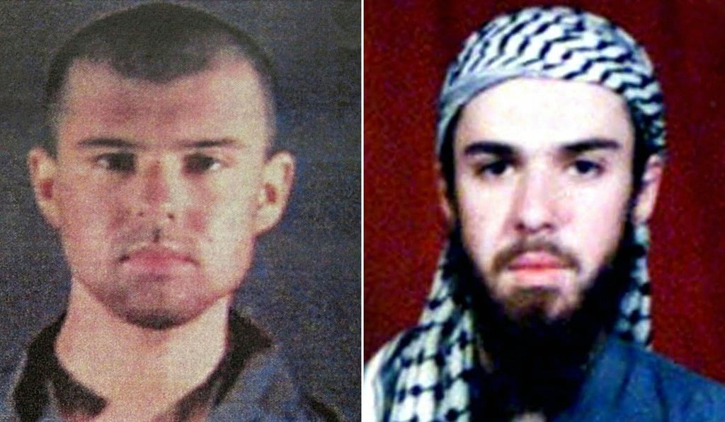 This combination shows a police photo (left) made available February 6, 2002, of the “American Taliban” John Walker Lindh and at right a February 11, 2002, photograph of him as seen from the records of the Arabia Hassani Kalan Surani Bannu madrasa (religious school). Photo: AFP