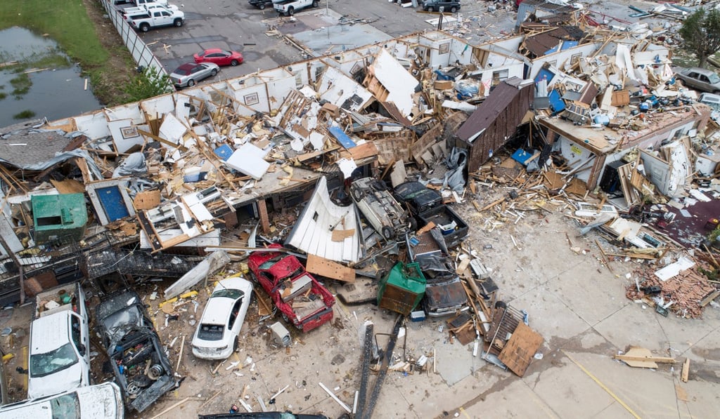 Damage to the American Budget Value Inn is seen in an aerial image. Photo: Reuters
