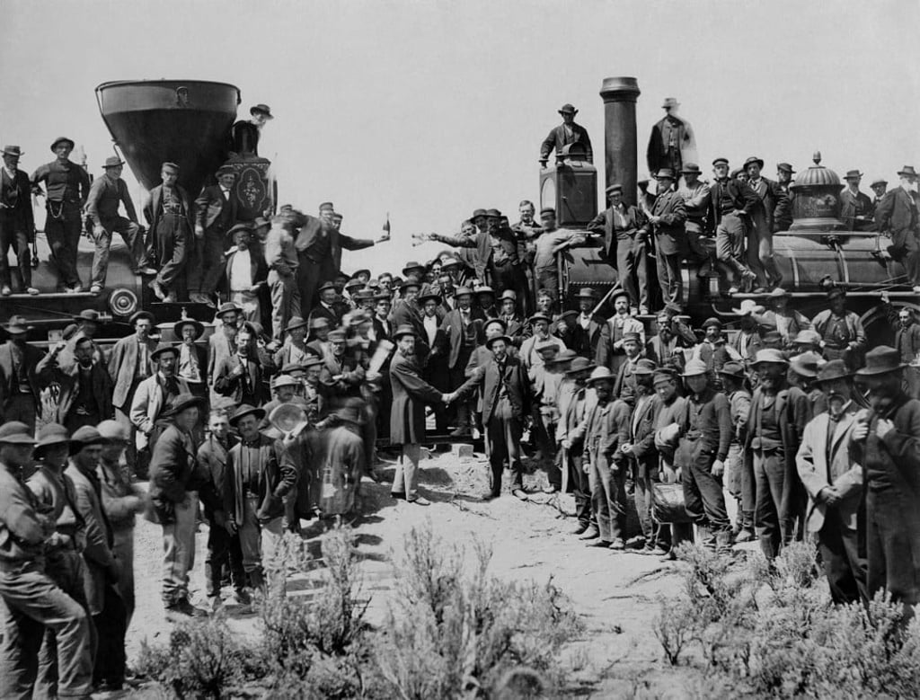 The iconic photograph taken by Andrew J. Russell on May 10, 1869, in Promontory Summit, Utah, after Leland Stanford, president of the Central Pacific Railroad Company of California, ceremonially drove in the railway line’s golden Last Spike. Despite as many as 15,000 Chinese having worked on the railroad, none are pictured. Photo: Andrew J. Russell