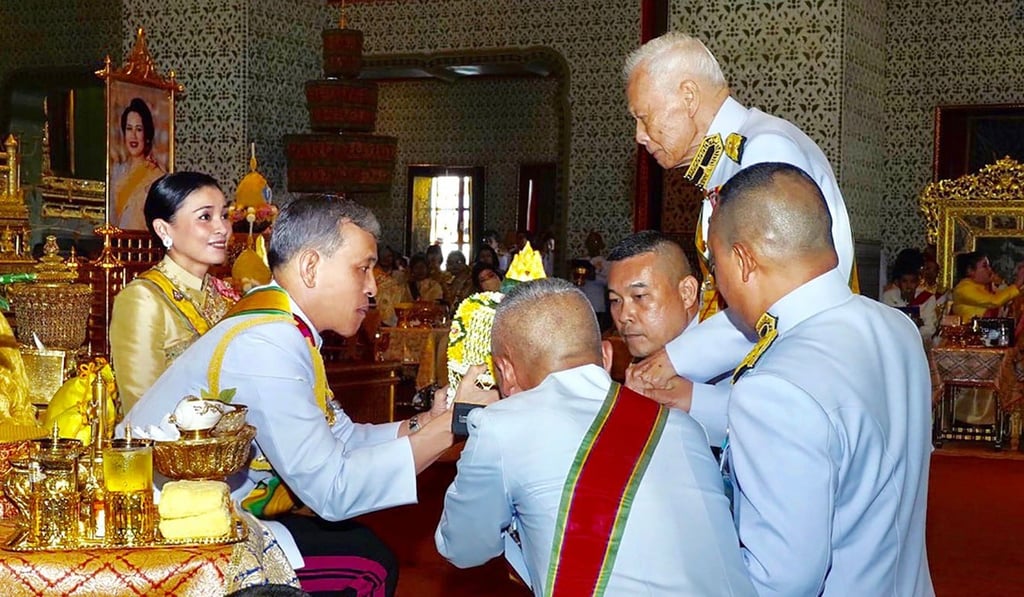 Thailand’s King Maha Vajiralongkorn (2nd L) interacts with former Thai prime minister Prem Tinsulanonda (top R), as Queen Suthida (L) watches, during a coronation ceremony in May at the Grand Palace in Bangkok. File photo: AFP Thailand’s King Maha Vajiralongkorn (2nd L) interacts with former Thai prime minister Prem Tinsulanonda (top R), as Queen Suthida (L) watches, during a coronation ceremony in May at the Grand Palace in Bangkok. File photo: AFP