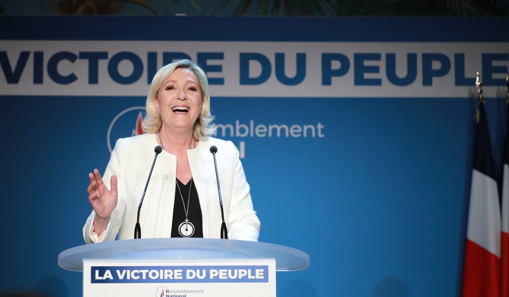 French far-right Rassemblement National president Marine Le Pen delivers a speech after the projections for the results of the European Parliament elections in Paris on Sunday. Photo: EPA-EFE