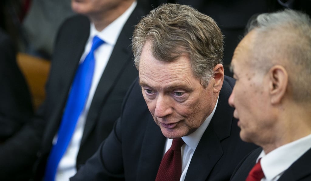 US Trade Representative Robert Lighthizer speaks to Chinese Vice-Premier Liu He during a meeting in Washington on February 22. Photo: Bloomberg