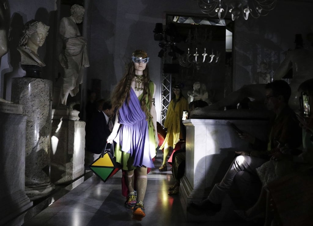 A model wears a creation from Gucci’s Cruise collection show in Rome on Tuesday. Photo: AP