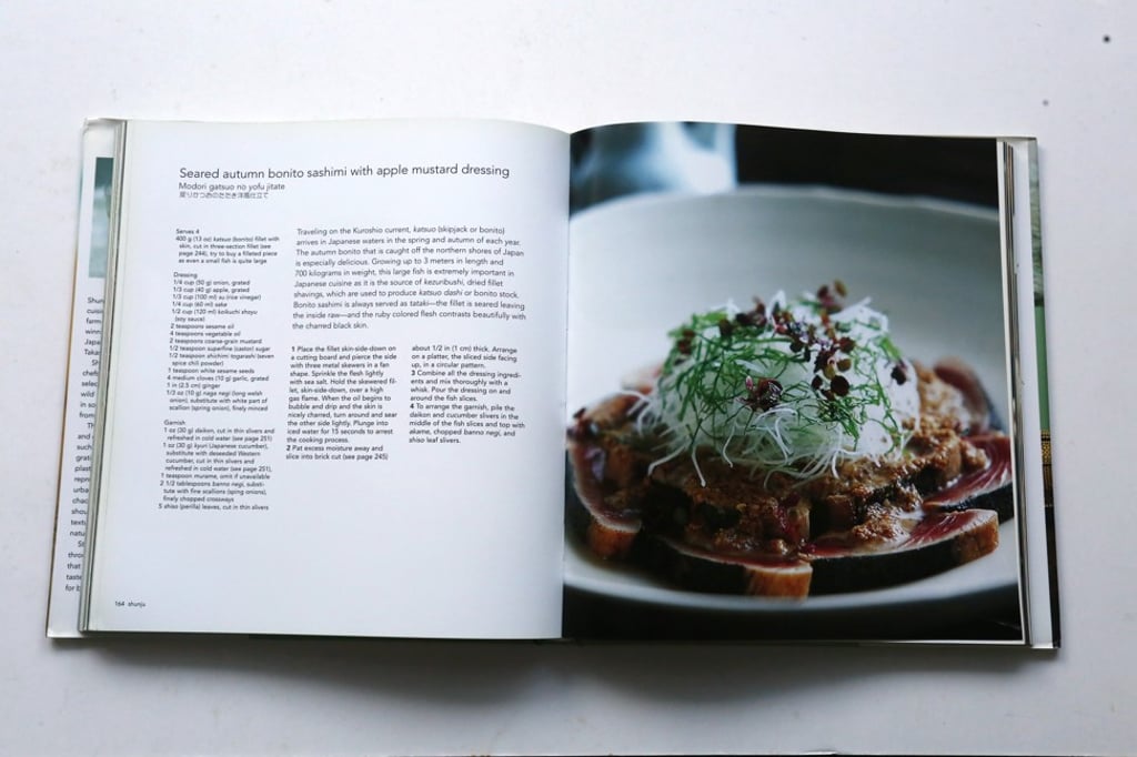 A recipe for seared autumn bonito sashimi with apple mustard dressing from the book. Photo: Jonathan Wong
