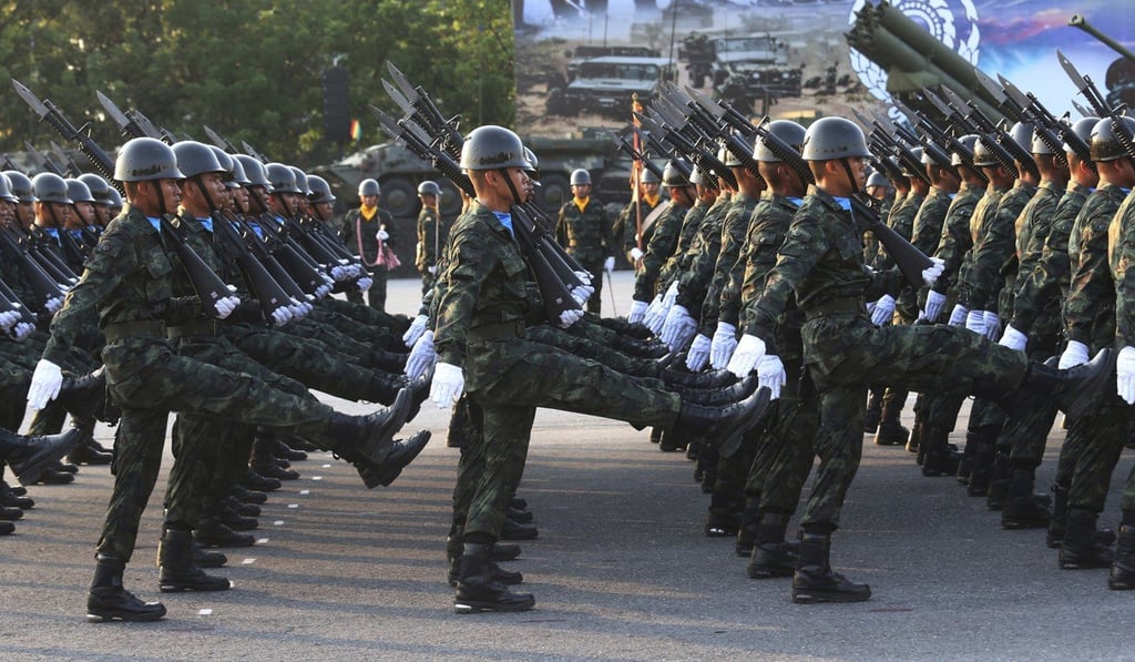 Thai soldiers parade during the Royal Thai Armed Forces Day ceremony at a military base in Bangkok in January. Photo: AP