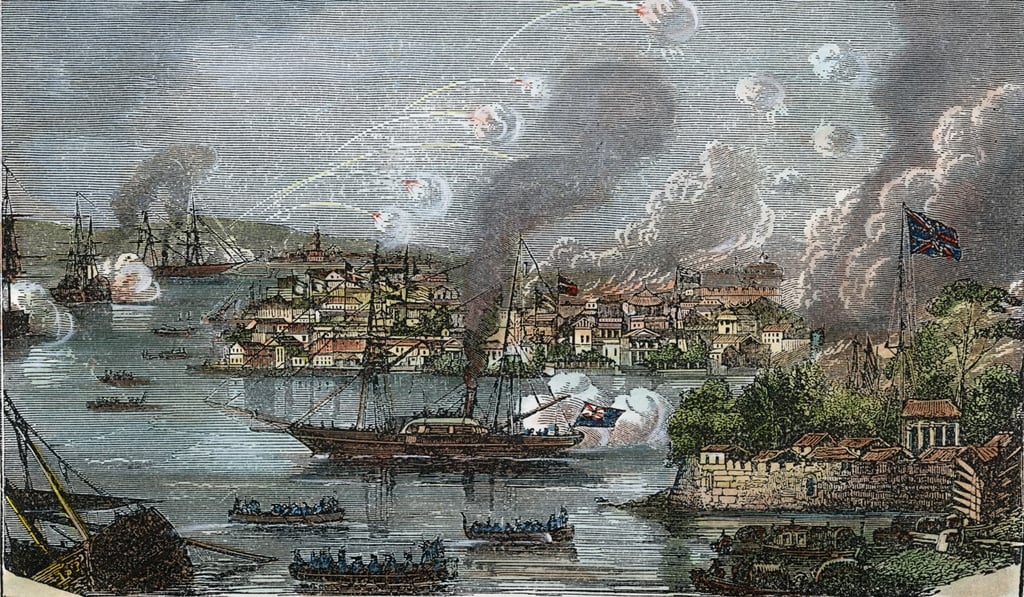 A 19th century wood engraving showing the bombardment of Canton, China, by the British fleet in 1841 during the First Opium War. Photo: Alamy A 19th century wood engraving showing the bombardment of Canton, China, by the British fleet in 1841 during the First Opium War. Photo: Alamy