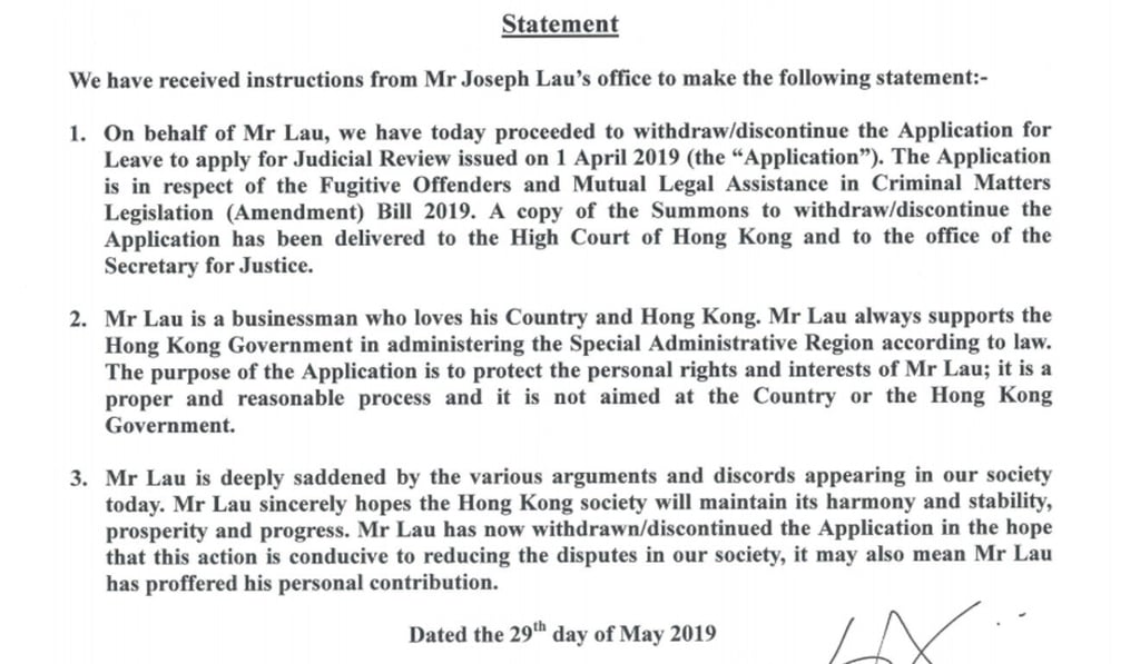 The statement from Joseph Lau’s legal team. Photo: Handout