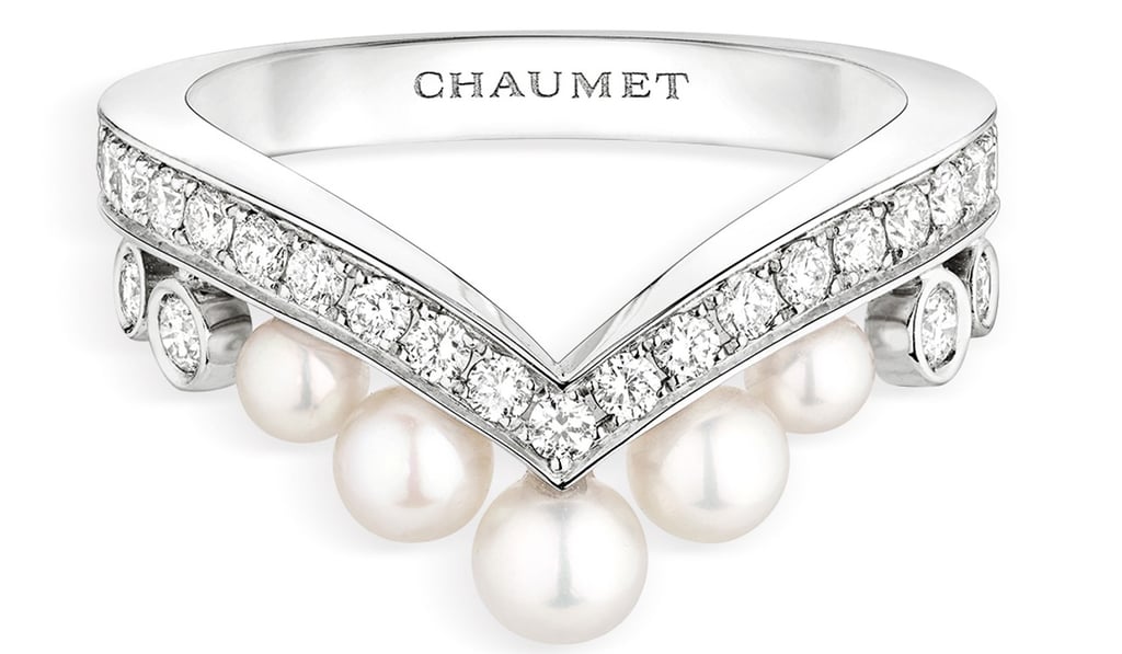Chaumet’s Joséphine Aigrette 18-carat white gold ring with brilliant-cut diamonds and Akoya cultured pearls.