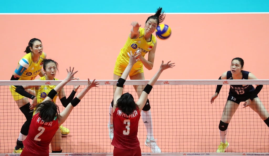 Zhu Ting spikes for a point against Japan at the 2019 Volleyball Nations League in Hong Kong. Photo: K. Y. Cheng