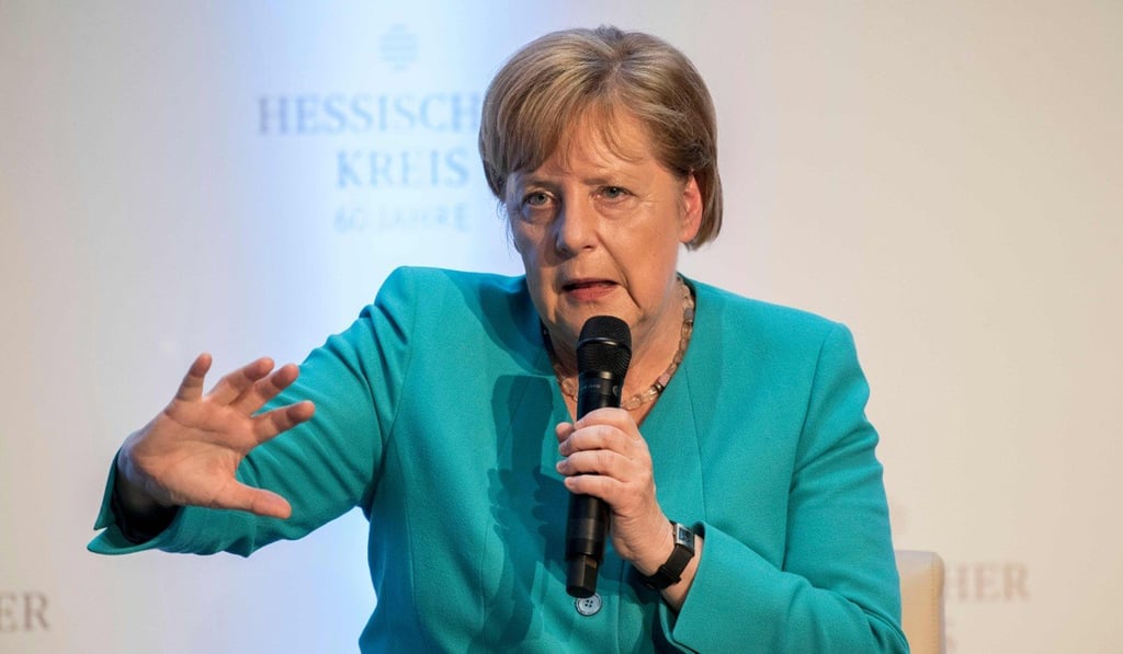 German Chancellor Angela Merkel takes part in a disussion at an event in Frankfurt am Main on Wednesday. Photo: AFP