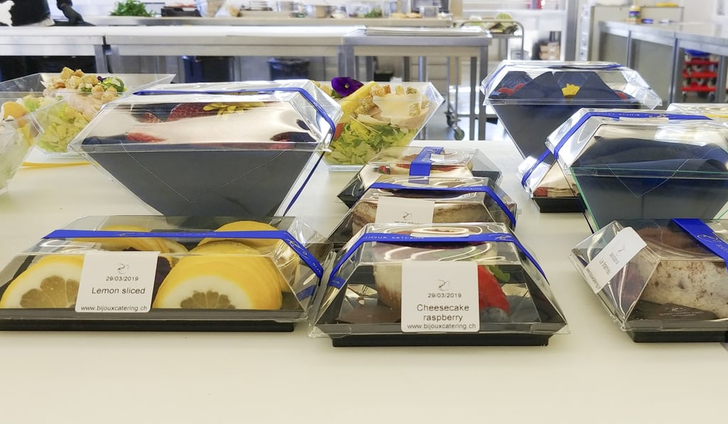 An assortment of private jet in-flight catering ready for delivery to an aircraft at Zurich Airport in Switzerland. Photo: Nik Loukas