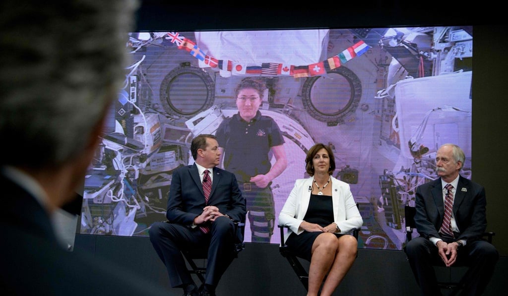 Astronaut Christina Koch, aboard the International Space Station, speaks to three Nasa administrators via video on Friday. Photo: Nasa via AFP Astronaut Christina Koch, aboard the International Space Station, speaks to three Nasa administrators via video on Friday. Photo: Nasa via AFP