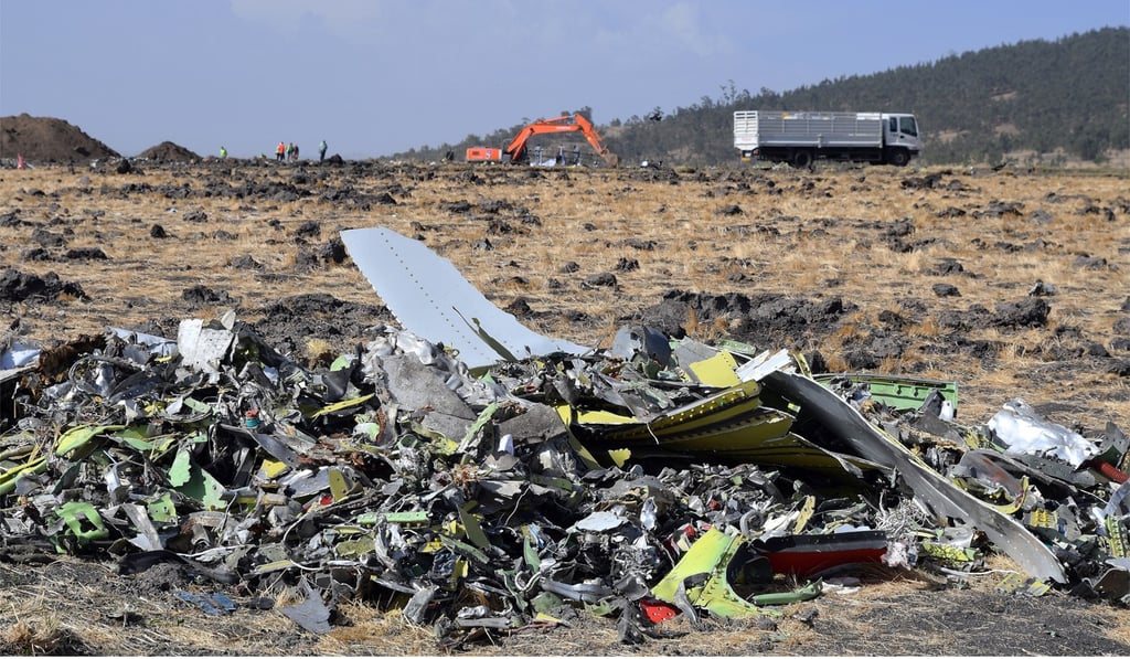 The wreckage of an Ethiopia Airlines Boeing 737 MAX 8 aircraft near Bishoftu, Ethiopia. Photo: EPA
